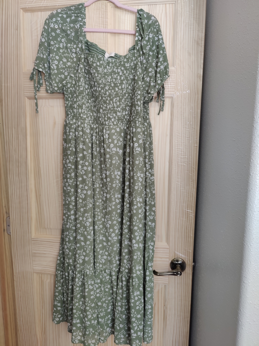Sage Floral Smocked Maxi Dress with Tie Sleeves